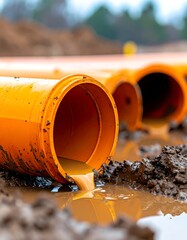 Orange pipes laying in mud