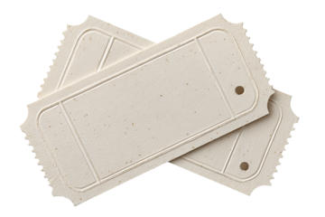 Overlapping vintage-style tickets in off-white card, perforated edges and serial punches visible, isolated on transparent background.
