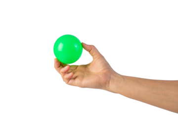 Green plastic ball in hand, transparent background