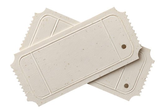 Overlapping vintage-style tickets in off-white card, perforated edges and serial punches visible, isolated on transparent background.
