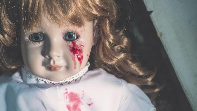 Creepy scary haunted doll with bloodstain on face and white dress close up, horror doll abandoned in dark room, sinister porcelain toy with bleeding eye, spooky halloween background concept footage