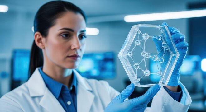 A female scientist in a lab coat and gloves holding a transparent hexagonal model of a molecular structure.