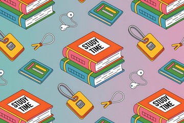 Colorful Isometric Books Study Time Theme with Earbuds and Luggage Tags learning education