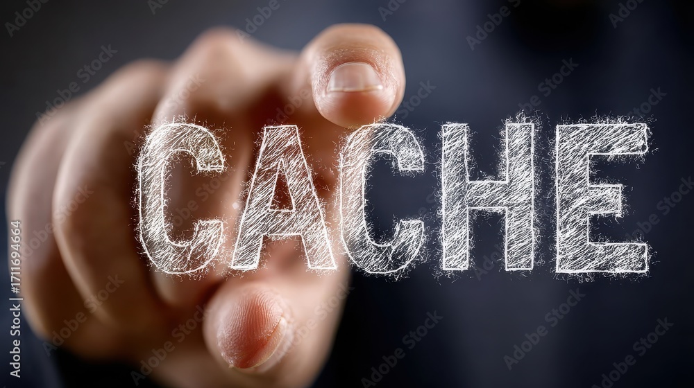 Wall mural finger touches glowing cache text in technology concept, representing data storage and retrieval pro