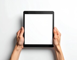 Hands holding black tablet, white screen