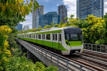 Obraz premium Green and white commuter train on elevated track amidst cityscape with skyscrapers and greenery