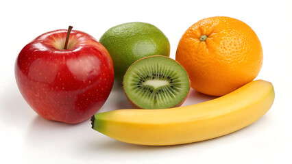 Colorful Fresh Fruits on White Background – Apple, Kiwi, Orange, Banana