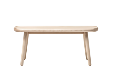 Contemporary ash wood bench with smooth pale tone, rounded edges, dowel joinery and angled legs, isolated on transparent background.
