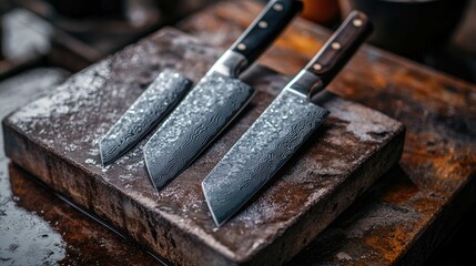 A set of high-carbon steel chef's knives being sharpened on a Japanese whetstone, water glistening on the stone, culinary precision and care, macro shot, focused and professional.