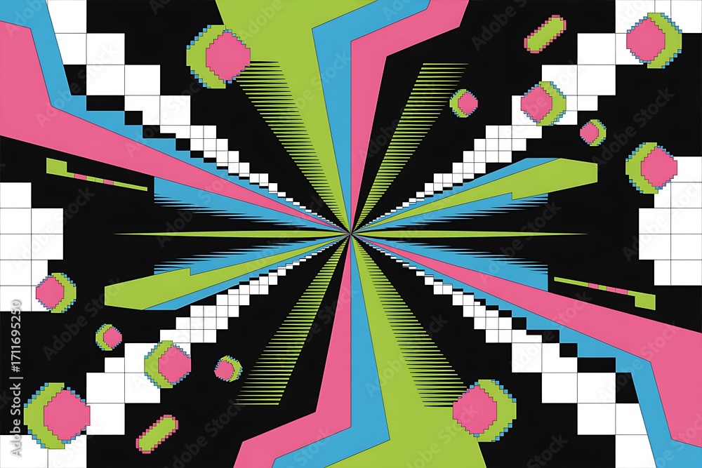 Poster abstract geometric explosion of colorful lines and pixelated shapes on black pattern retro