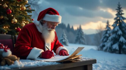 A jolly Santa Claus sitting at a desk, pen in hand, writing a letter - Powered by Adobe