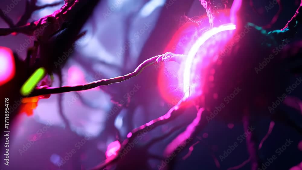 Poster this captivating abstract image features vibrant neon neural connections with glowing synapses again