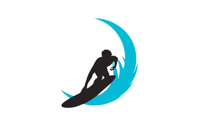 Dynamic silhouette of a surfer riding a vibrant turquoise crescent wave, an abstract and modern symbol for surfing and ocean sports