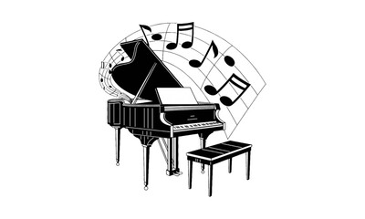 A grand piano and musical notes are depicted in this black and white illustration