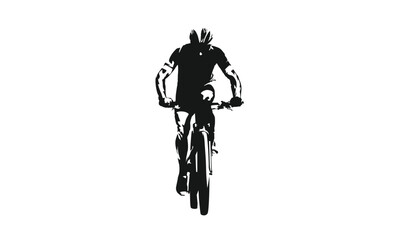 Silhouette of a person riding a bicycle during daylight, seen from the front