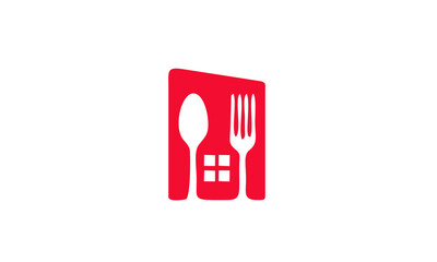 Minimalist red house emblem cleverly integrated with negative space spoon and fork, symbolizing home dining, culinary services, or a welcoming restaurant identity with a modern graphic design