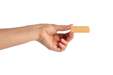 Wafer biscuit with chocolate cream and hand isolated on transparent background