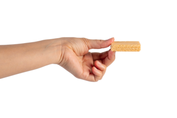 Wafer biscuit with chocolate cream and hand isolated on transparent background