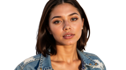 Young woman with dark hair and striking eyes poses in denim jacket against a neutral background during golden hour