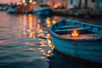 Fototapeta premium Candle burning on old wooden boat over water at dusk