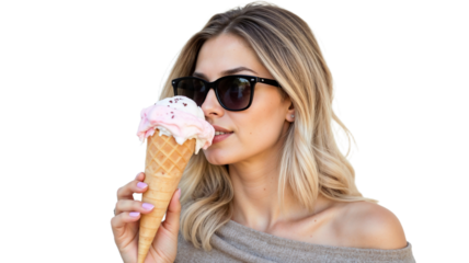 Young woman enjoying large ice cream cone on a sunny day while wearing stylish sunglasses