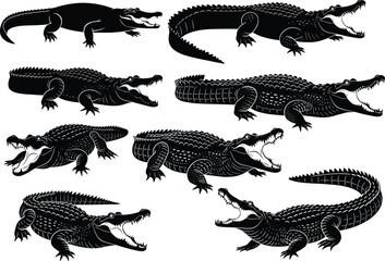 Alligator and crocodile silhouette set featuring aggressive poses, open jaws, textured scales, and powerful tail motion for design use
