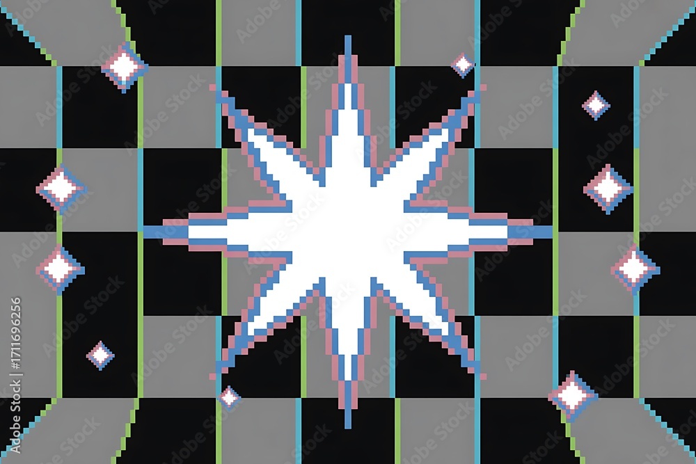 Poster pixelated starburst and diamonds on a checkerboard and grid background with glitch effect explosion