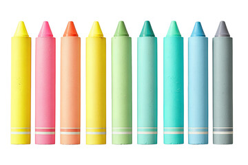 Crayon collection of neon pastel wax sticks, blunt-tipped with paper bands, bright shades from yellow to aqua, fanned display, isolated on transparent background.
