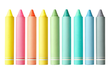 Crayon collection of neon pastel wax sticks, blunt-tipped with paper bands, bright shades from yellow to aqua, fanned display, isolated on transparent background.