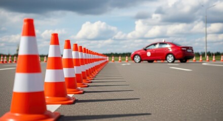 Red car navigating a driving test course lined with orange and white cones.