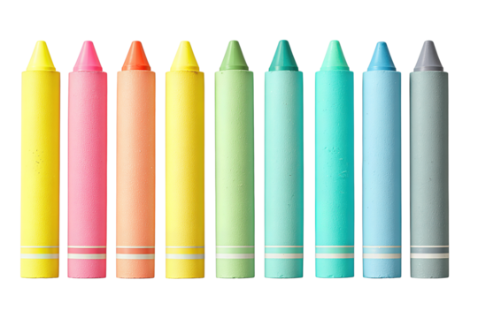 Crayon collection of neon pastel wax sticks, blunt-tipped with paper bands, bright shades from yellow to aqua, fanned display, isolated on transparent background.
