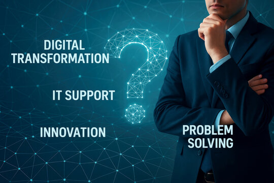 Businessman contemplating digital transformation, IT support, innovation and problem solving thinking