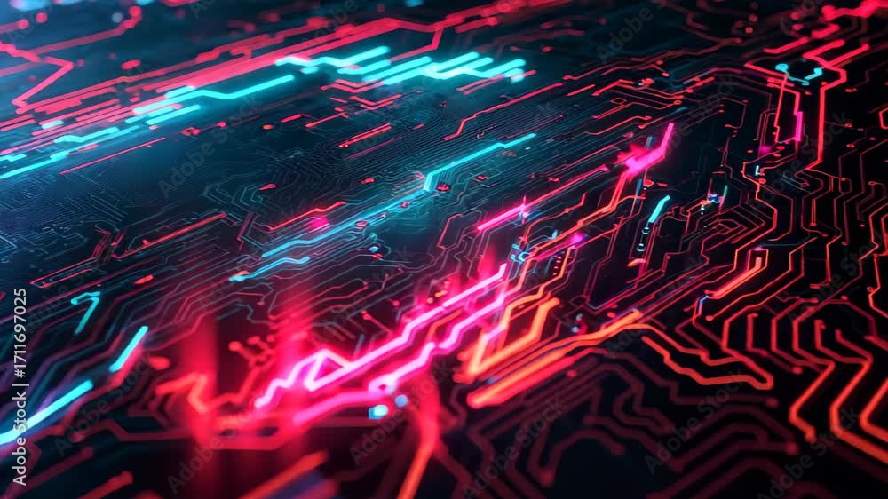 Poster a vibrant abstract digital background featuring neon circuit lines and glowing patterns. perfect for