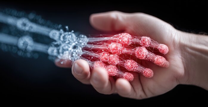 Hand interacting with abstract, glowing particles