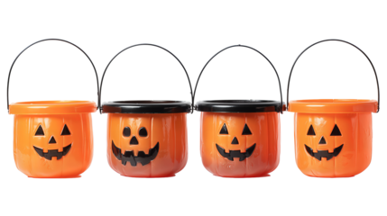 Halloween buckets set with four plastic pumpkin pails in orange gradient, each with unique carved faces, black wire handles raised, glossy finish, isolated on transparent background.
