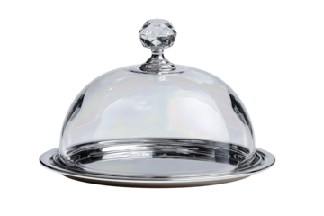Polished steel serving cloche featuring crystal-inspired knob, subtle brushed finish and smooth tray rim, elegant dining detail, isolated on transparent background.
