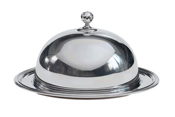 Serving cloche outline with polished steel dome and tray, faceted crystal-style knob, brushed metal texture and clean rim detail, isolated on transparent background.

