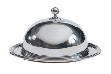 Serving cloche outline with polished steel dome and tray, faceted crystal-style knob, brushed metal texture and clean rim detail, isolated on transparent background.
