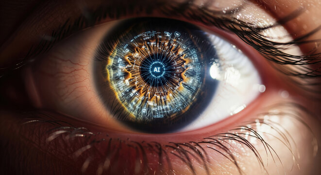 Close-up of an eye with a futuristic AI interface in the iris. Concept of artificial intelligence, cyborg technology, and augmented reality. Digital vision and biometric data scanning.