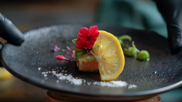 A salmon lemon edible flower caper salt black plate gourmet japanese food fine dining elegant presentation with microgreens and sashimi, gourmet