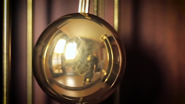 Elegant grandfather clock pendulum swings with warm light reflecting, symbolizing time passing and history.