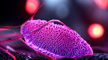 A vivid close-up of a microorganism showcases intricate structures and vibrant colors amidst an abstract background, evoking a sense of biological exploration.