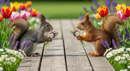 Two cute squirrels exchanging bouquets of flowers in a spring garden. Romantic animal couple on a date with wildflowers. Concept of love, romance, and friendship.