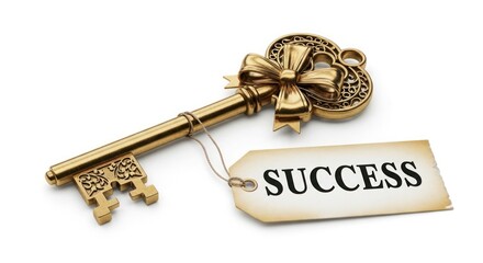 Golden ornate key with a bow lies next to a tag that reads "SUCCESS".