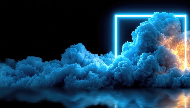 Neon square framed by swirling blue smoke