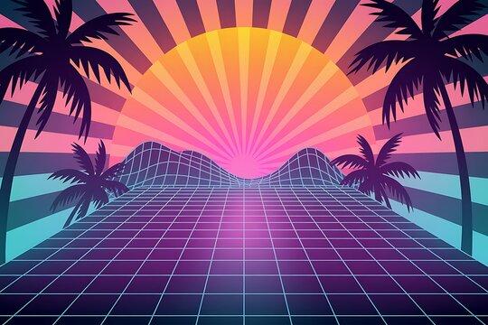 Retro Sunset Landscape with Palm Trees and Grid Mountains image photo