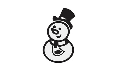 A simple black and white illustration of a friendly snowman wearing a top hat and a scarf, smiling.