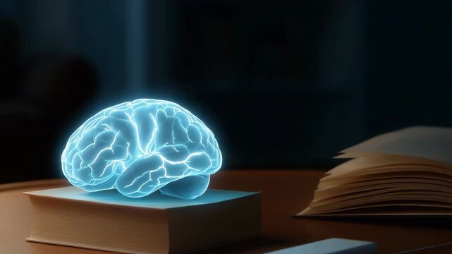 A brain is sitting on top of a book and a cell phone is plugged into it. The scene is set in a dimly lit room with a couch in the background. Scene is mysterious and intriguing