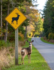A deer stands by a roadside warning sign