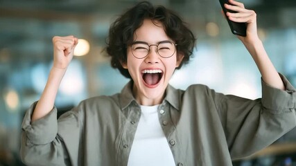 Smiling Asian entrepreneur celebrating achievement in office after reading message on phone, symbolizing modern digital business, motivation, and personal victory. entrepreneur